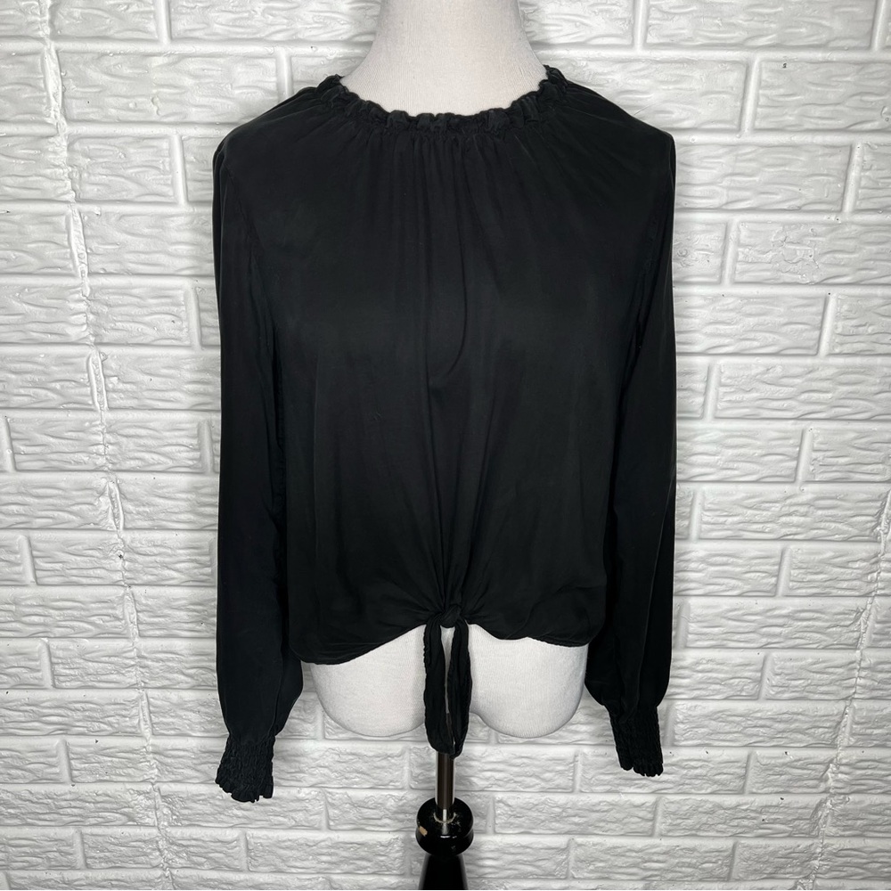 ANTHROPOLOGIE Cloth & Stone Mae Black Tie-Front Blouse Size L